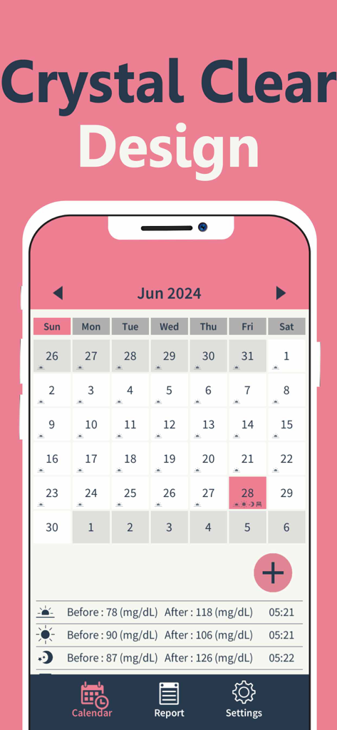 Blood Sugar Tracker & Log (AI) - Interfaz de calendario mensual de la aplicación Rastreador de Azúcar en Sangre que muestra las lecturas diarias de glucosa y las tendencias con un diseño nítido.