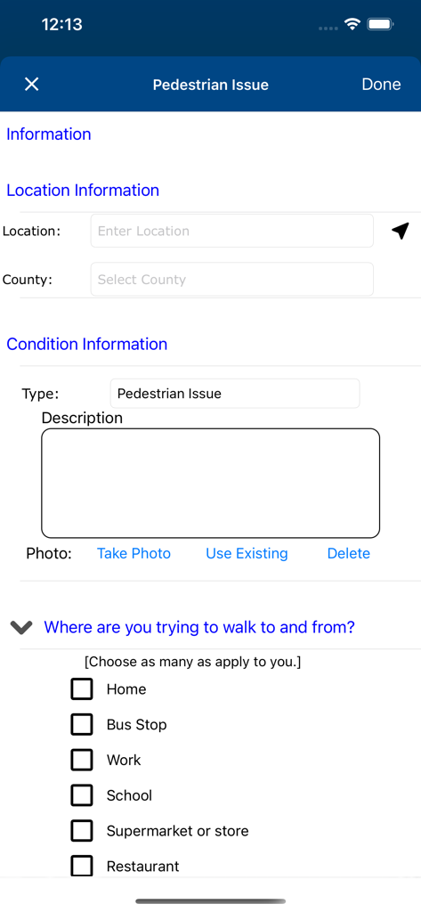 Interface of the DelDOT mobile app for reporting pedestrian safety issues with location and description fields.
