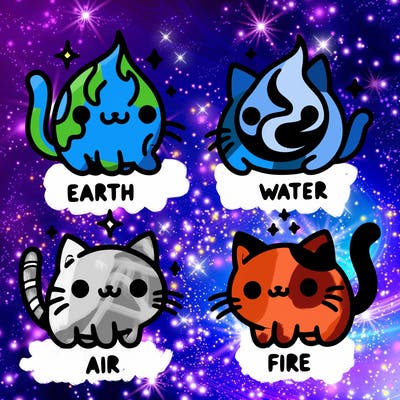4 cats that represent the different elements, earth, water, air, and fire