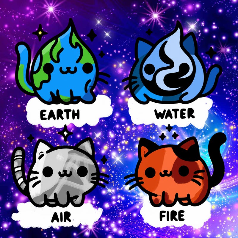 4 cats that represent the different elements, earth, water, air, and fire