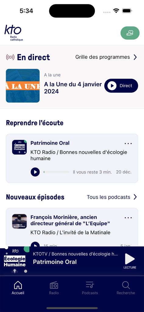Interfaz de la aplicación KTO Radio mostrando programas en directo y podcasts católicos en francés