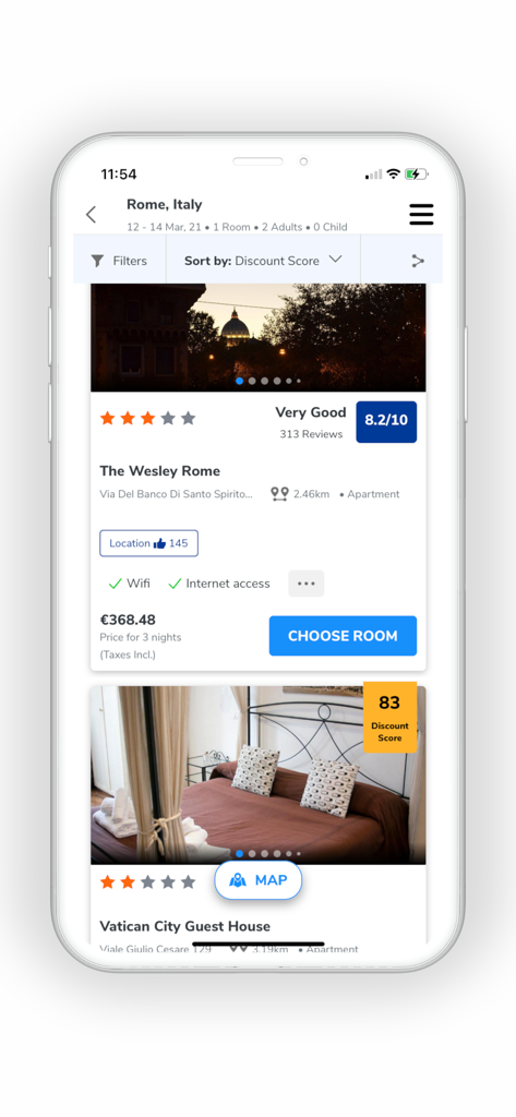 Interface do aplicativo móvel LockTrip exibindo resultados de pesquisa de hotéis e ofertas secretas em Roma, Itália