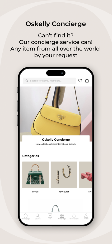 OSKELLY: Your Luxury Shopping - La interfaz del servicio de conserjería de la aplicación Oskelly con un bolso de lujo amarillo y categorías para joyería y zapatos