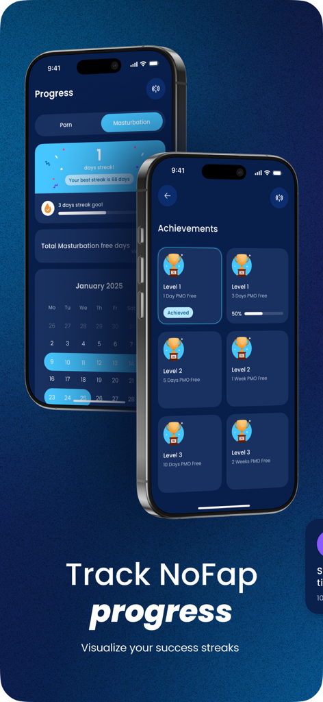 Overcome Lust: Rewire - Interfaz de la aplicación Overcome Lust Rewire que muestra el progreso y los logros de NoFap