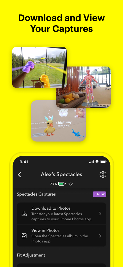 Spectaclesグラスからの拡張現実キャプチャのダウンロードと表示方法を示すインターフェース。