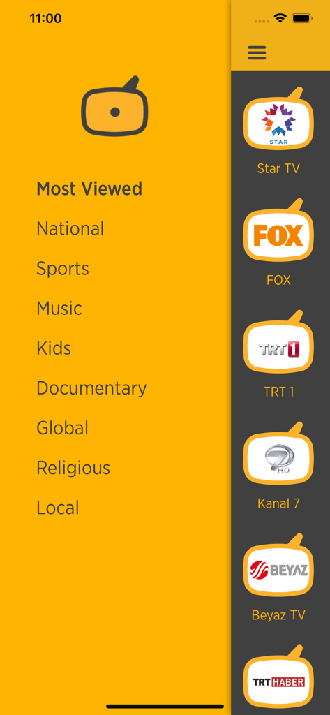 Menu sidebar of the Canlı Türk TV Kanalları app showing various categories and a list of Turkish television channel logos.
