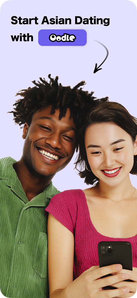 A smiling diverse couple looking at a smartphone screen for Asian dating on the Oodle app