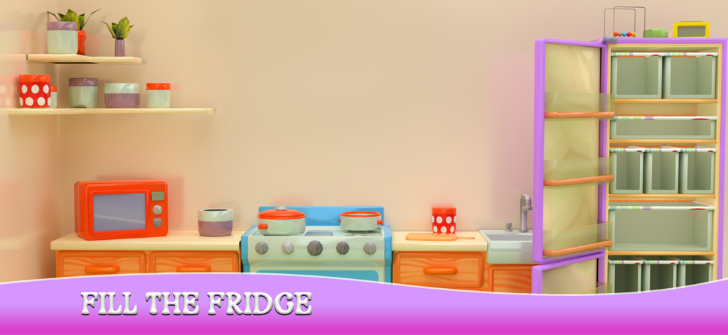 Una cocina digital con una nevera morada y cubos de almacenamiento vacíos listos para organizar.