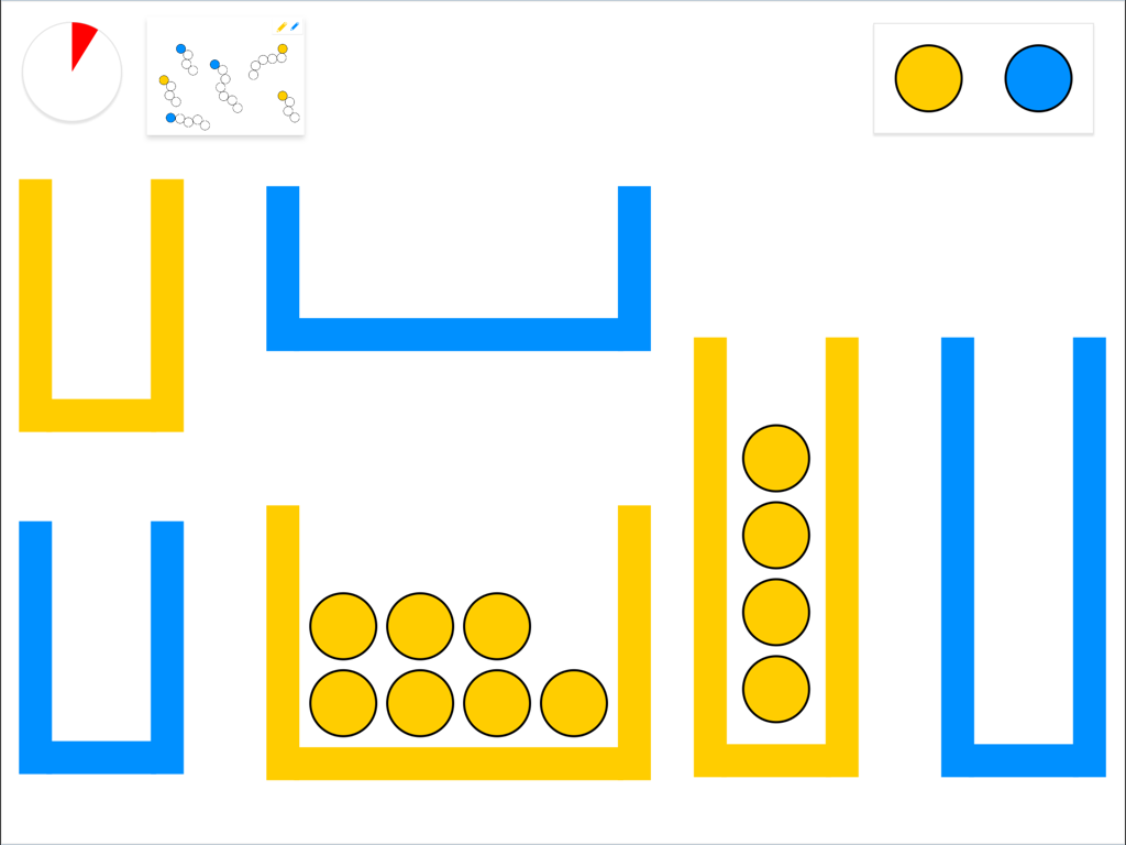 Banedi - Interactive clinical assessment interface for children featuring digital cognitive tests with yellow and blue containers and tokens