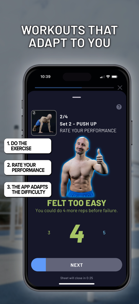 A smartphone screen showing the Cali Move Workouts app feedback system for adjusting training difficulty based on user performance