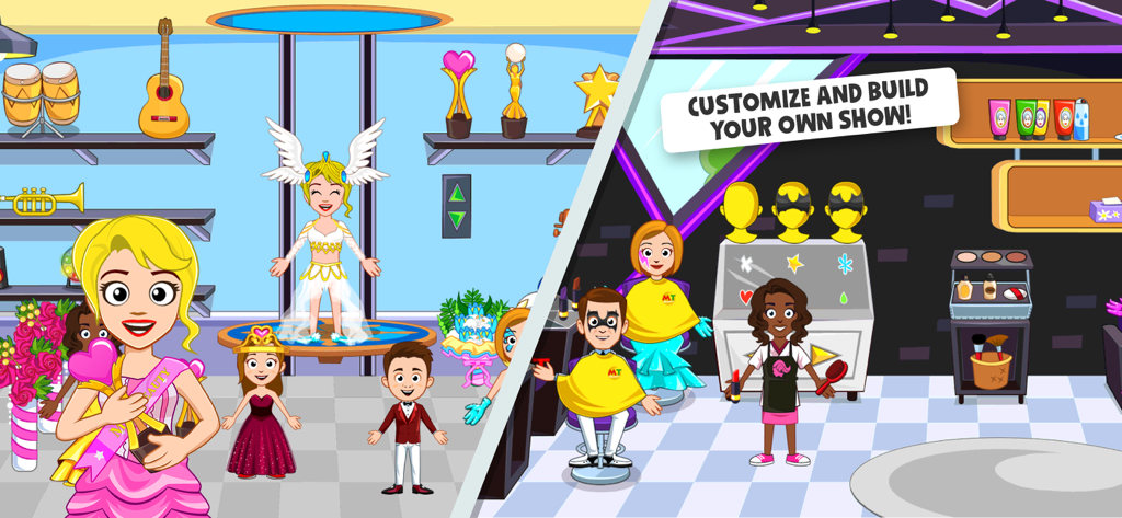 My Town : Beauty Contest - Characters in My Town Beauty Contest preparing in a salon and standing on a stage with trophies.