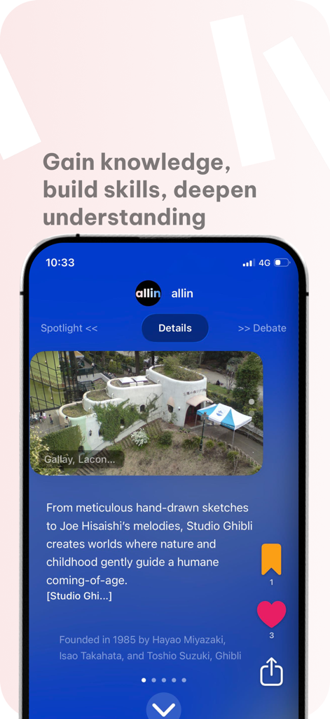 allin - Information you need - Uno screenshot dell'app allin che mostra un articolo di approfondimento culturale sullo Studio Ghibli