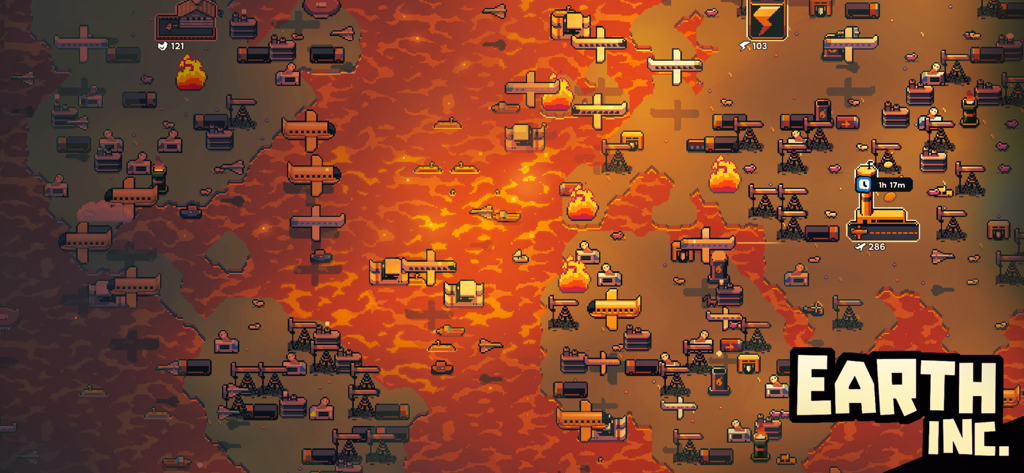 Earth Inc. Tycoon Idle Miner - Pixel-Art-Spielkarte, die eine geschäftige Industrielandschaft mit Ölplattformen und Flugzeugen in Earth Inc. zeigt