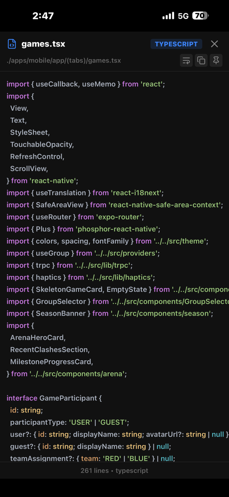 Sifr IDE - Sifr IDE mobile interface showing a TypeScript code file with syntax highlighting