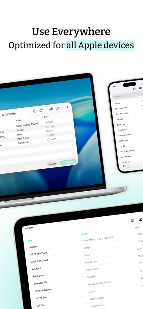 BPM Finder app interface displayed on a MacBook iPhone and iPad