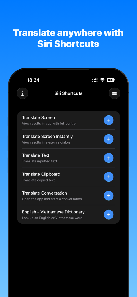 VN Screen Translate - A mobile interface for VN Screen Translate showing Siri Shortcuts for screen translation and dictionary lookup