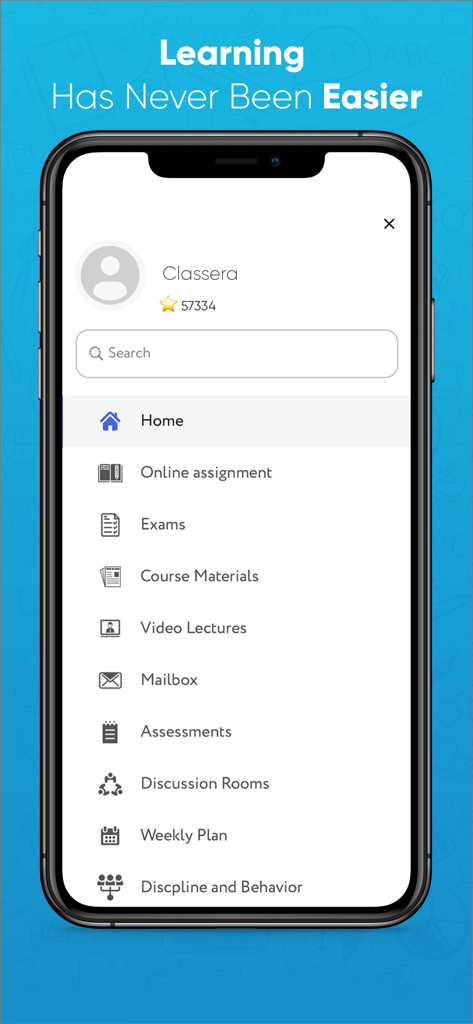 Noor LMS - Smartphone screen showing the Noor LMS app main menu with educational features like assignments exams and video lectures