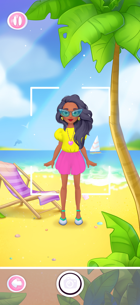 Doll Dress Up & Makeup Games 8 - Uma personagem de boneca vestida com moda de praia dentro de um quadro de câmera.