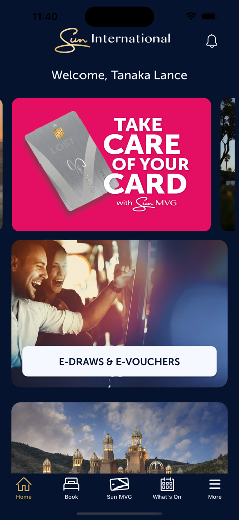 Sun International - Sun International mobile app dashboard showing loyalty program rewards and luxury travel offers