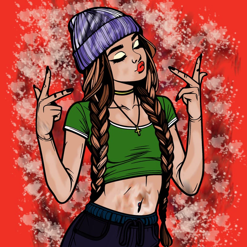 realistic teenage girl with braids and a beanie and crop top doing 🫶🏼