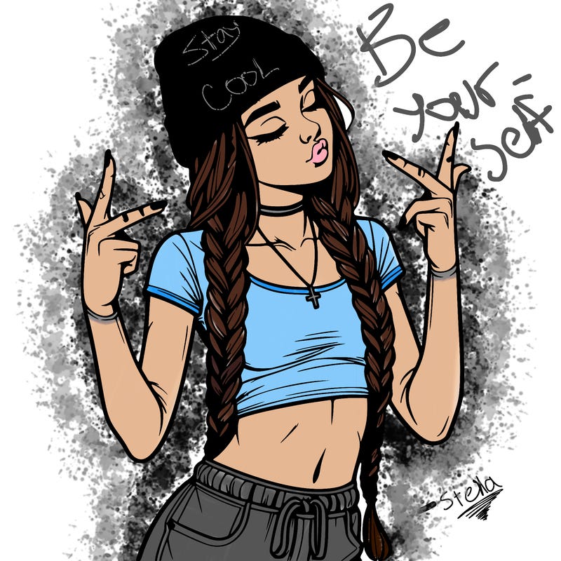 realistic teenage girl with braids and a beanie and crop top doing 🫶🏼