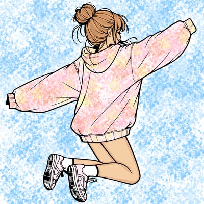 realistic girl jumping with a bun and oversized sweatshirt