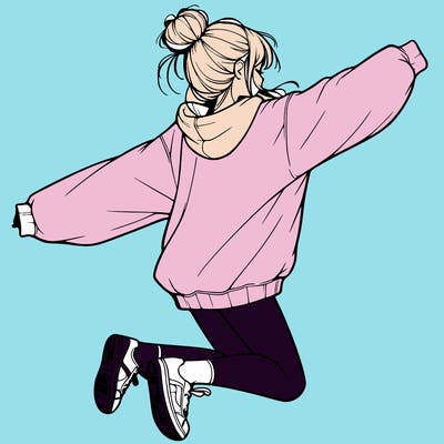 realistic girl jumping with a bun and oversized sweatshirt