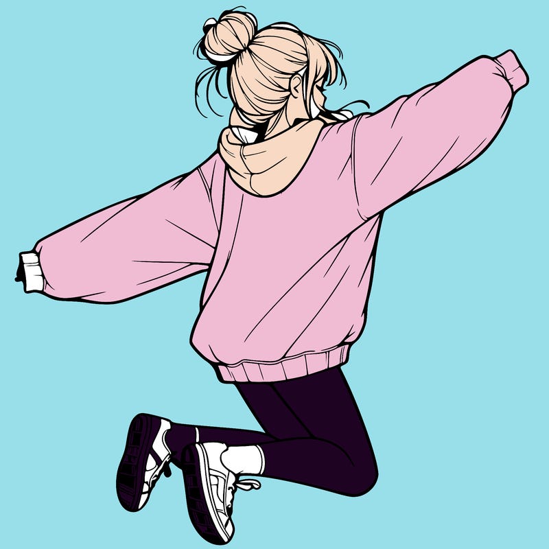 realistic girl jumping with a bun and oversized sweatshirt