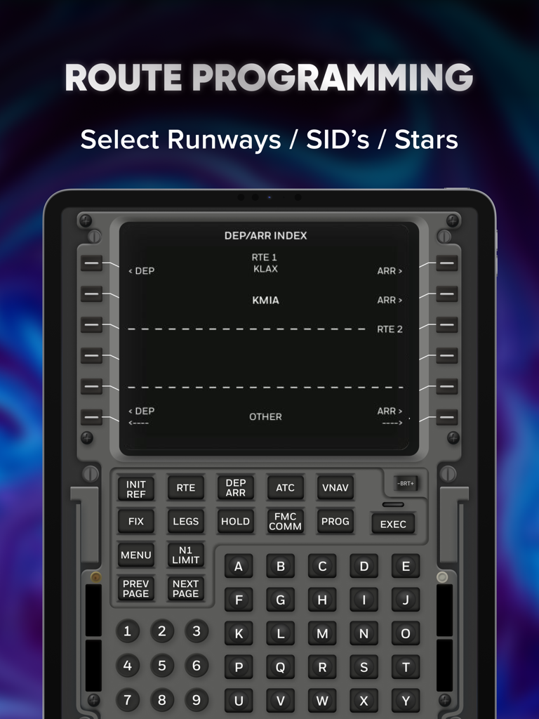 B737 FMS Trainer app showing the route programming screen for departures and arrivals on an iPad interface