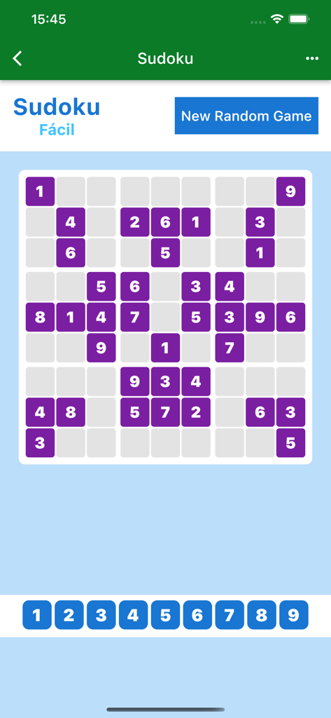 Gaming Room: Classic Games - Un'interfaccia di puzzle Sudoku dall'app Gaming Room con una griglia viola e bianca e una tastiera numerica blu.