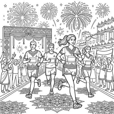 Experience the vibrant fusion of athleticism and festivity with our Marathon Runners x Diwali coloring page! This unique design features runners amidst glowing diyas, intricate rangoli, and dazzling fireworks.