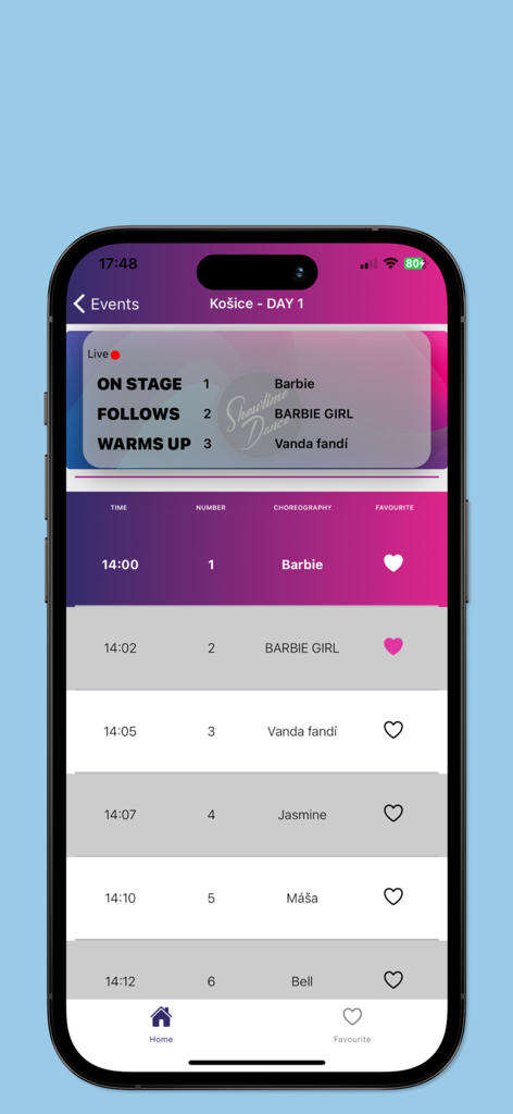 Mobile app interface showing a live dance competition schedule with routine details and favorite button
