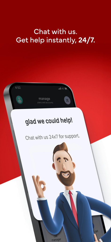 L'interface de l'application Airtel Thanks propose une assistance par chat instantané 24h/24 et 7j/7 pour la gestion des forfaits et des comptes.