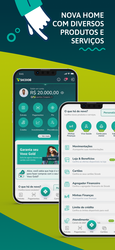 Sicoob - Dos smartphones mostrando la interfaz de la aplicación Sicoob con varios servicios financieros como Pix e inversiones