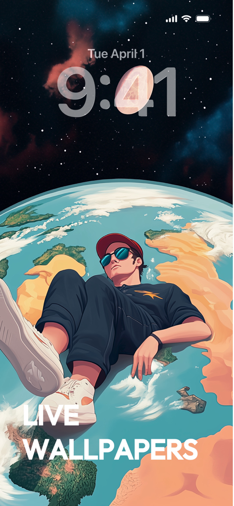 Um papel de parede animado artístico para iPhone com uma ilustração de um homem deitado no planeta Terra no espaço.