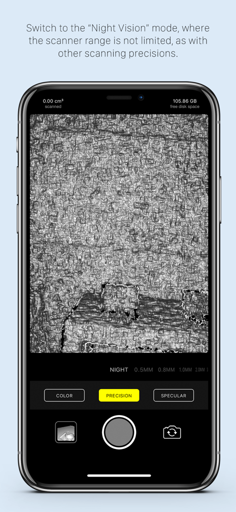 Heges 3D Scanner app interface displaying the night vision mode for scanning surfaces in the dark