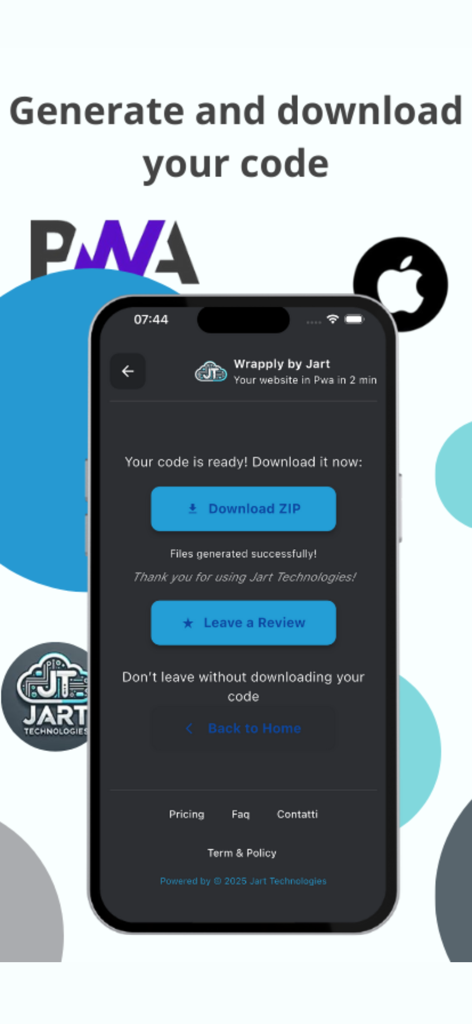 Wrapply app screen showing the option to download generated website-to-app source code