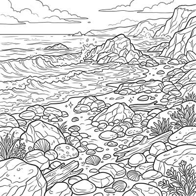 Immerse yourself in the serene yet wild beauty of the coast with this intricate rocky beach coloring page. Featuring dynamic crashing waves, scattered shells, and natural textures, it offers a tranquil artistic escape.