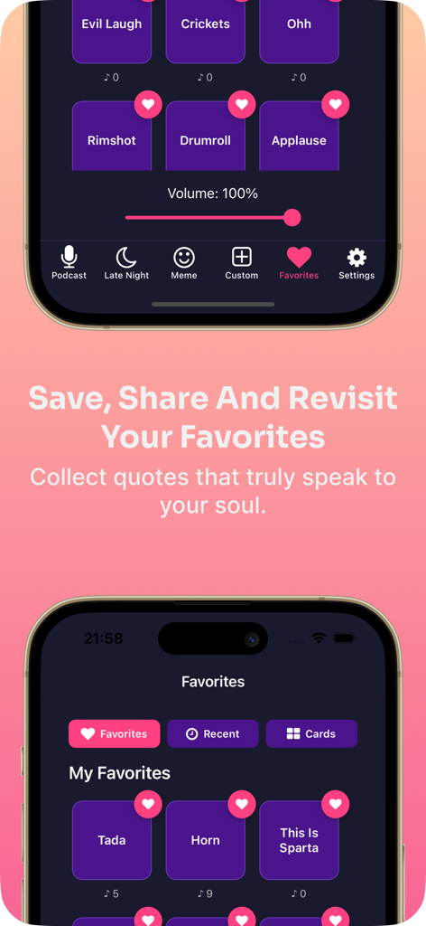Soundboard Pro app Favorites screen displaying saved sound effect buttons like Tada and Horn.