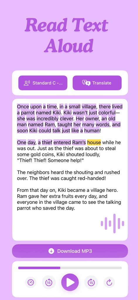 Text Reader: StudioVoice tts - Interfaz de la aplicación móvil StudioVoice mostrando un lector de texto a voz con resaltado y controles de audio