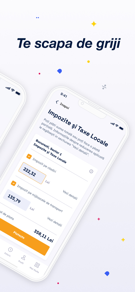 A smartphone displaying the Ghiseul.ro app interface for paying local Romanian taxes and property fees.