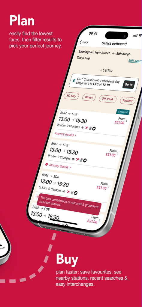 Mobile phone displaying the CrossCountry app interface for planning and buying UK train tickets.