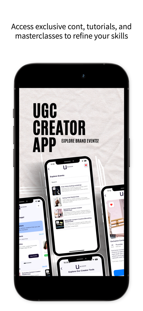 UGCCreatorapp - UGC Creator App screen showing educational workshops and creator events