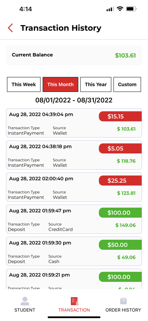 Transaction history screen in the MealManage app showing recent payments and account deposits.