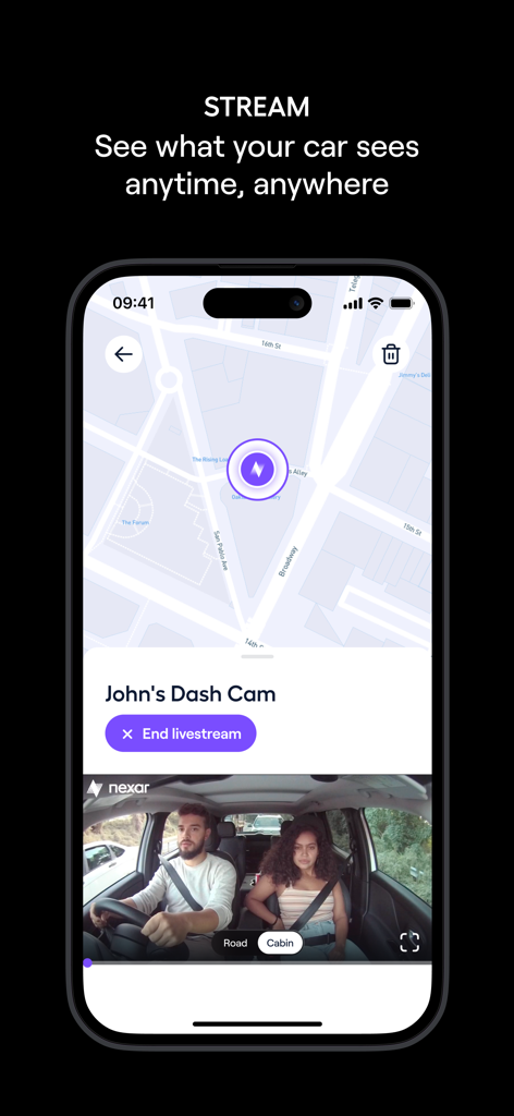 Nexar Connect - Nexar Connect app interface showing live remote dash cam video and GPS map location