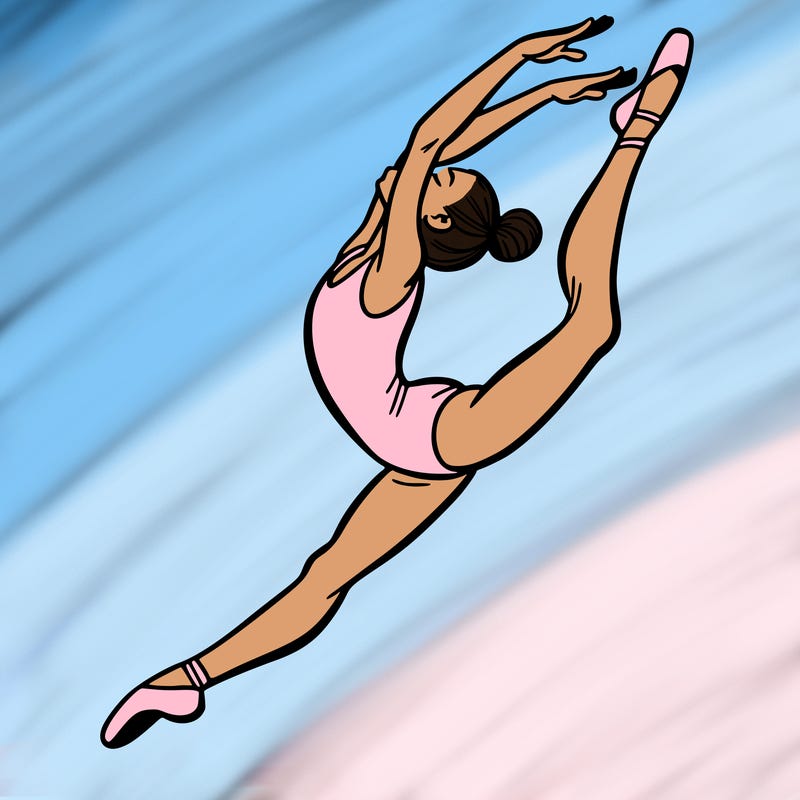 gymnast doing a leap in a leotard with a bent back leg