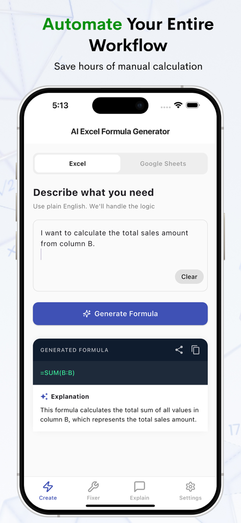 AI Excel Formula Generator - Mobile app interface showing an AI-generated Excel formula and explanation for calculating total sales from a column
