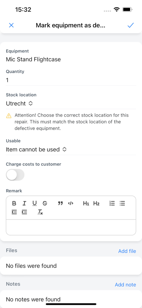 Interface of the Rentman mobile app showing a form to mark equipment as defective and log repair details
