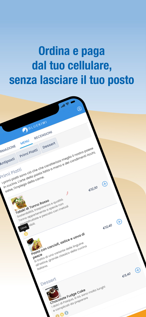 BlueKiwi - BlueKiwi mobile app showing a digital menu for ordering food and drinks directly from a beach chair or table