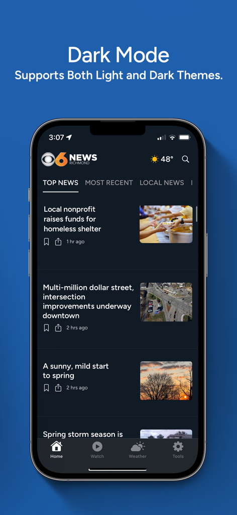 The CBS 6 News Richmond app interface displaying local news headlines in dark mode on a smartphone.